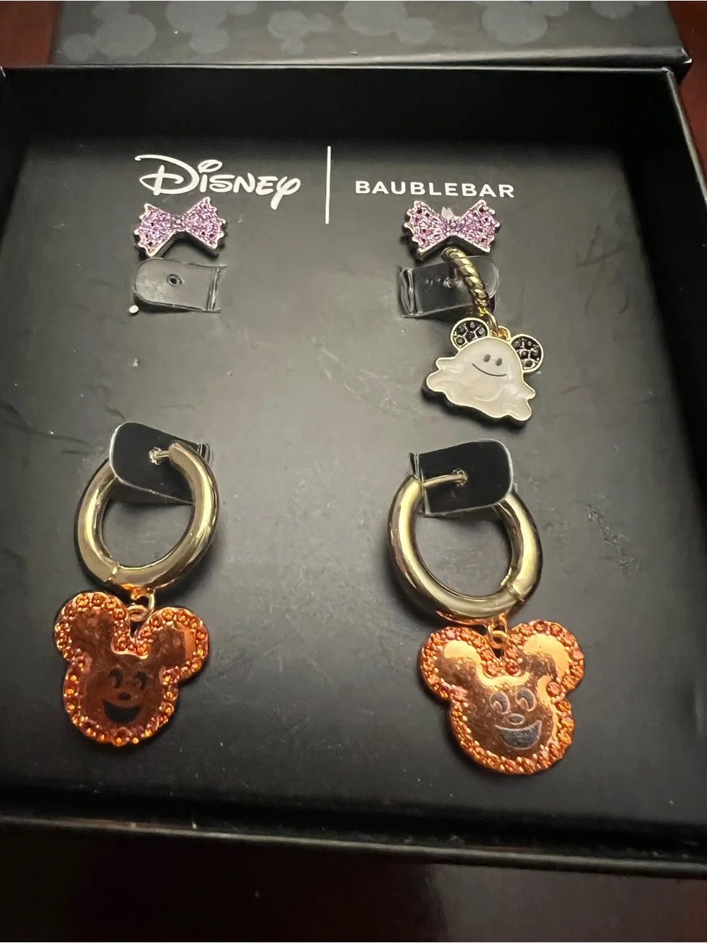 BaubleBar Kids Orange Mickey Hoop Earrings with Purple Bow Studs